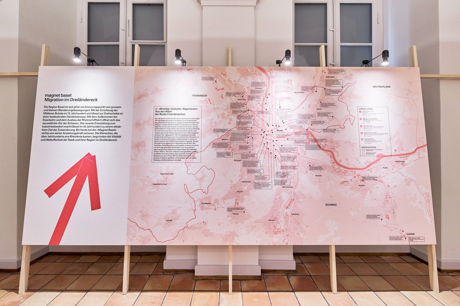 Ausstellungsgrafik &raquo;Magnet Basel &ndash; Migration im Dreil&auml;ndereck&laquo; f&uuml;r das Team Stratenwerth, Basel