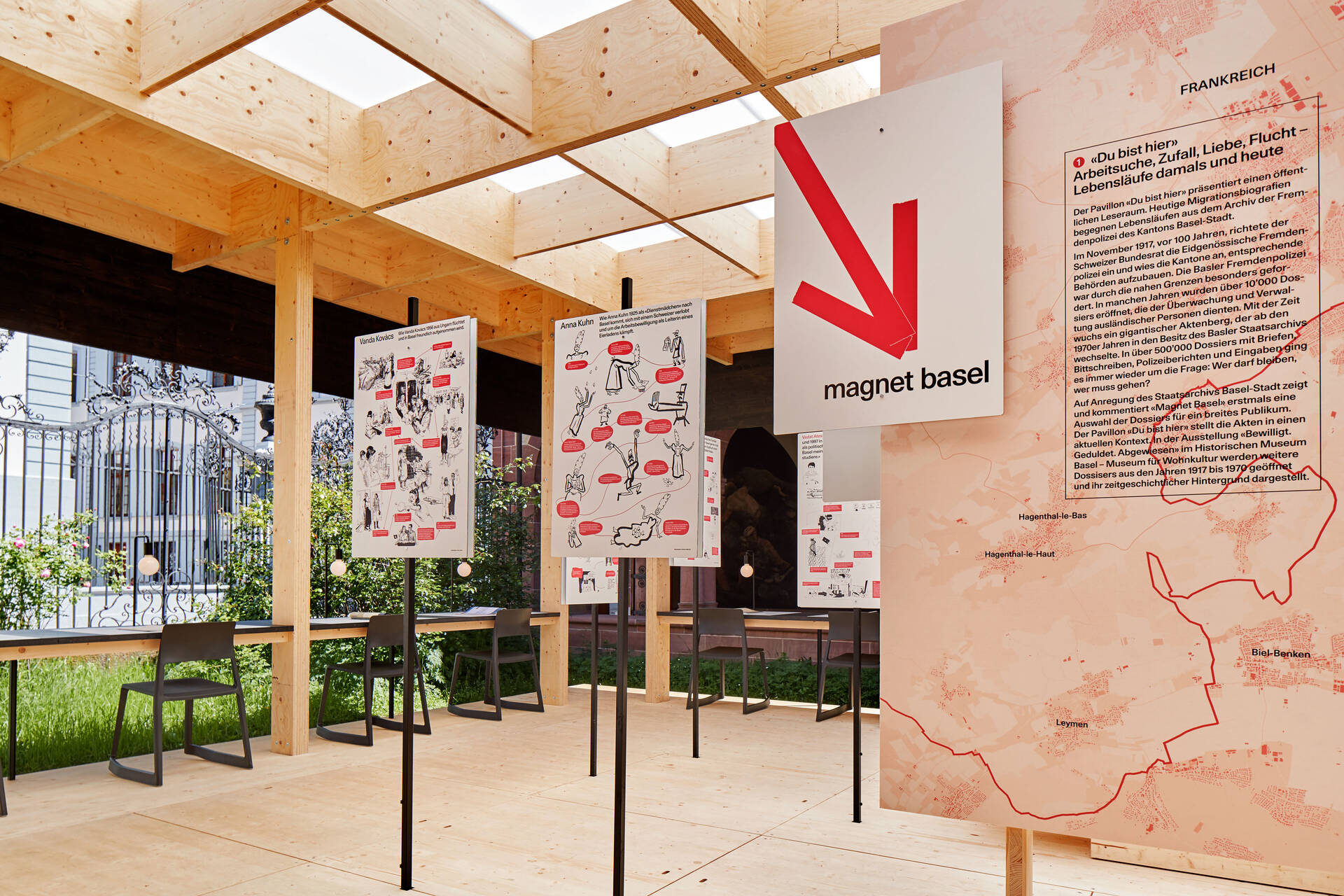 Ausstellungsgrafik &raquo;Magnet Basel &ndash; Migration im Dreil&auml;ndereck&laquo; f&uuml;r das Team Stratenwerth, Basel